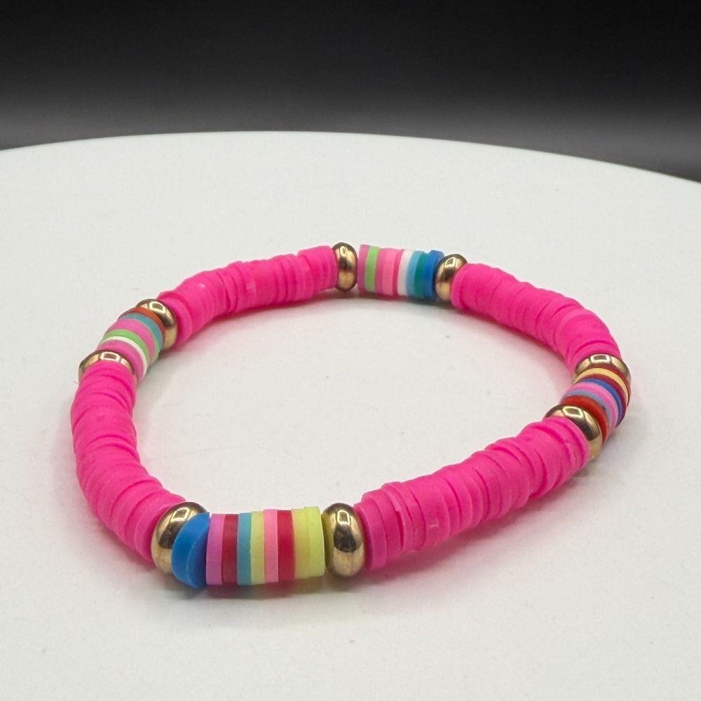Hot Pink Heishi Bead Stretch Bracelet Multicolor Gold Tone Boho Beach Jewelry